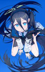 Rule 34 | 1girl, aris (blue archive), barefoot, blue archive, blue background, blue eyes, blue hair, blue necktie, dark blue hair, from above, hair spread out, halo, highres, jacket, long bangs, long hair, looking at viewer, nagu, necktie, open clothes, open jacket, pleated skirt, side ponytail, sidelocks, simple background, sitting, skirt, solo, very long hair, wariza