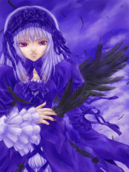 Rule 34 | 00s, 1girl, black wings, dress, frilled sleeves, frills, hairband, lolita hairband, long sleeves, looking at viewer, purple dress, rozen maiden, solo, suigintou, upper body, wings