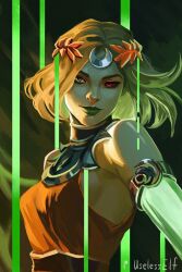 Rule 34 | 1girl, ancient greek clothes, asymmetrical arms, black sclera, blonde hair, bone, colored sclera, dress, glowing arm, greco-roman clothes, green eyes, green lips, hades (series), hades 2, laurel crown, melinoe (hades), mismatched sclera, orange dress, red hair, see-through body, short hair, skeletal arm, smile, solo, useless elf