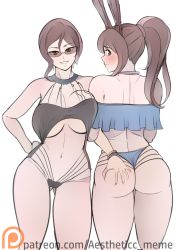 Rule 34 | 2girls, aestheticc-meme, artist name, ass, ass grab, back, bikini, blush, bracelet, breasts, brown eyes, brown hair, coco adel, highres, jewelry, large breasts, long hair, looking at viewer, looking back, multiple girls, navel, ponytail, rwby, sketch, smile, stomach, sunglasses, swimsuit, thighs, tinted eyewear, velvet scarlatina, white background