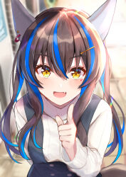 Rule 34 | 1girl, :d, animal ears, blue hair, brown hair, colored inner hair, daitaku helios (umamusume), ear covers, fang, hair down, hair ornament, hairclip, highres, horse ears, horse girl, index finger raised, long hair, looking at viewer, multicolored hair, open mouth, ribbed sweater, short shorts, shorts, skirt, smile, solo, streaked hair, suspenders, sweater, two-tone hair, ugura (ugurax), umamusume, white sweater, yellow eyes