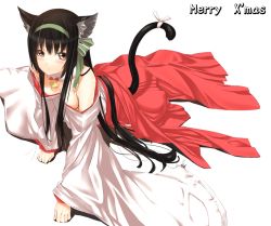 Rule 34 | 1girl, animal ears, bare shoulders, bell, black hair, cat ears, cat tail, japanese clothes, jingle bell, kyougoku touya, long hair, merry christmas, miko, original, ribbon, solo, tail, tail ornament, tail ribbon