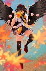 Rule 34 | 1girl, autumn leaves, black hair, black neckwear, black skirt, black wings, blurry, blurry background, blurry foreground, bow, bowtie, breasts, buttons, clip studio paint (medium), covering face, full body, geta, hand fan, hat, highres, holding, holding fan, knee up, leaf, leaf print, looking at viewer, maple leaf, maple leaf print, medium breasts, miniskirt, nama shirasu, pom pom (clothes), red eyes, red footwear, shameimaru aya, shirt, short hair, short sleeves, skirt, tengu-geta, thighhighs, thighs, tokin hat, touhou, white shirt, wings, zettai ryouiki