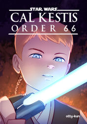 Rule 34 | 1boy, artist name, blue eyes, braid, cal kestis, child, comic cover, energy sword, english text, freckles, lightsaber, looking at object, male focus, orange hair, ottykyun, single braid, solo, star wars, sword, weapon