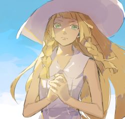 Rule 34 | &gt;:(, 1girl, bad id, bad twitter id, bare arms, bare shoulders, blonde hair, blue sky, blunt bangs, braid, closed mouth, collared dress, creatures (company), day, dress, frown, game freak, green eyes, hat, lillie (pokemon), linus linus, long hair, looking at viewer, nintendo, outdoors, own hands clasped, own hands together, pokemon, pokemon sm, sky, sleeveless, sleeveless dress, solo, standing, sun hat, sundress, twin braids, v-shaped eyebrows, white dress, white hat