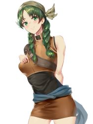 Rule 34 | 1girl, absurdres, arm behind back, bandana, bare arms, blinkblink art, braid, breasts, fire emblem, fire emblem: the blazing blade, green eyes, green hair, hand on own chest, highres, light blush, long hair, looking at viewer, medium breasts, nintendo, rebecca (fire emblem), sleeveless, smile, solo, twin braids, white background