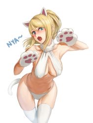 Rule 34 | 1girl, animal ears, athenawyrm, blonde hair, blue eyes, breasts, cat ears, cat tail, embarrassed, covered erect nipples, fang, long hair, looking at viewer, metroid, mole, mole under mouth, navel, nyan, open mouth, ponytail, samus aran, simple background, solo, tail, white background, white hair