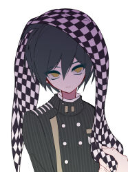 Rule 34 | 1boy, black hair, breast pocket, brown jacket, buttons, checkered neckerchief, danganronpa (series), danganronpa v3: killing harmony, double-breasted, expressionless, hair between eyes, highres, holding neckerchief, jacket, looking at viewer, male focus, neckerchief, neckerchief on head, orange eyes, pocket, saihara shuichi, short hair, simple background, solo focus, striped clothes, striped jacket, upper body, white background, xia nu xiao fang