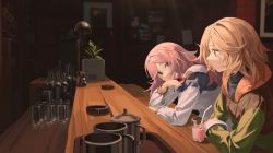 Rule 34 | 2girls, absurdres, bar (place), black shirt, blonde hair, blue eyes, blush, character request, closed mouth, cup, drinking glass, eastward, from side, green jacket, highres, holding, holding cup, jacket, long hair, long sleeves, looking at another, looking away, mug, multicolored clothes, multicolored jacket, multiple girls, open mouth, pink hair, rui (rei leyi), scenery, shirt, smile, turtleneck, two-tone jacket, upper body, white jacket, wine glass