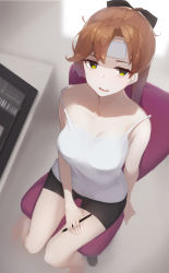 Rule 34 | 1girl, akigumo (kancolle), alternate costume, bags under eyes, black shorts, bow, breasts, brown hair, chair, cold pack, drawing tablet, exhausted, fikusipu, from above, green eyes, hair bow, highres, holding, holding stylus, kantai collection, long hair, medium breasts, off shoulder, open mouth, ponytail, shorts, sitting, solo, stylus, table, tank top, white tank top