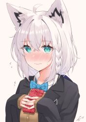 Rule 34 | 1girl, ahoge, alternate costume, animal ear fluff, animal ears, aqua eyes, black jacket, blue bow, blue bowtie, blush, bow, bowtie, box, braid, breasts, brown cardigan, cardigan, closed mouth, collared shirt, commentary, earrings, embarrassed, fox ears, fox girl, gift, gift box, hair between eyes, hands on own chest, highres, holding, holding gift, hololive, jacket, jewelry, long hair, long sleeves, looking at viewer, medium breasts, mocacoco339, open clothes, open jacket, shirakami fubuki, shirt, side braid, sidelocks, signature, simple background, single earring, solo, sweatdrop, symbol-only commentary, upper body, valentine, virtual youtuber, wavy mouth, white background, white hair, white shirt
