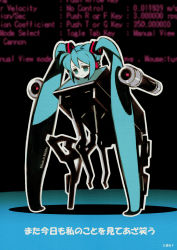 Rule 34 | 1girl, absurdres, aqua eyes, aqua hair, bad id, bad pixiv id, bags under eyes, black background, cannon, empty eyes, english text, faux traditional media, frogging dance (vocaloid), hair between eyes, hatsune miku, headphones, headset, highres, jnt, light smile, long hair, mecha, mecha musume, pale skin, pixiv festa, robot, screentones, signature, solo, standing, translated, twintails, typo, very long hair, vocaloid, walker (robot)