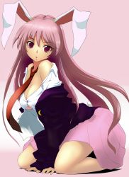 Rule 34 | 1girl, animal ears, bare shoulders, blazer, blush, breasts, cleavage, colorized, crescent, dress shirt, female focus, highres, ishikkoro, jacket, kneeling, large breasts, long hair, looking at viewer, moon, necktie, nikka (cryptomeria), no bra, off shoulder, open clothes, pink hair, pleated skirt, purple hair, rabbit ears, rabbit girl, rabbit tail, red eyes, red necktie, reisen udongein inaba, shirt, skirt, solo, tail, touhou, undressing, v arms, very long hair