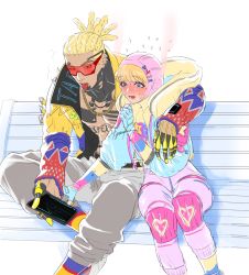 Rule 34 | 1boy, 1girl, abs, animification, apex legends, arm around shoulder, bailian, bandaid on stomach, blonde hair, blue eyes, blue hair, blue jacket, blush, bodysuit, brown eyes, chain, chest tattoo, cornrows, crypto (apex legends), facial scar, full-face blush, gold chain, highres, holding, holding tablet pc, hood, hooded jacket, hype beast crypto, jacket, kawaii voltage wattson, looking at viewer, looking down, navel, nervous sweating, open mouth, pectorals, pink bodysuit, pink headwear, scar, scar on cheek, scar on face, smile, sunglasses, sweat, tablet pc, tattoo, tongue, tongue out, wattson (apex legends), yellow jacket