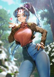 Rule 34 | 1girl, black hair, blowing kiss, blue eyes, blue hair, blurry, blurry background, breasts, commission, curtained hair, day, denim, facial mark, forehead jewel, forehead mark, hand on own hip, heart, highres, jeans, kionaoki, large breasts, long hair, looking at viewer, multicolored hair, one eye closed, original, outdoors, pants, ponytail, red nails, signature, solo, tree, two-tone hair