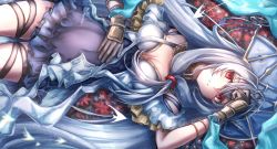 Rule 34 | 1girl, 3 (sanyako1), arknights, arm guards, black dress, black gloves, breasts, cleavage, dress, flower, from above, gloves, grey hair, grey headwear, hand on own stomach, highres, layered dress, long hair, lying, off-shoulder dress, off shoulder, official alternate costume, on back, on ground, parted lips, photoshop (medium), red eyes, short dress, skadi (arknights), skadi the corrupting heart (arknights), skadi the corrupting heart (sublimation) (arknights), solo, thigh strap, very long hair, white dress