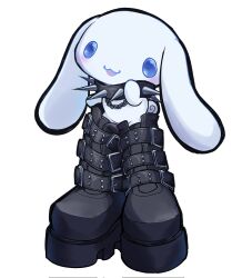Rule 34 | :3, belt boots, black collar, black footwear, blue eyes, blush, boots, chain, cinnamoroll, collar, commentary, english commentary, full body, hand up, highres, k0u (k0ujira), looking at viewer, no humans, open mouth, platform boots, platform footwear, rabbit, sanrio, simple background, smile, solo, spiked collar, spikes, standing, white background