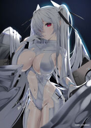 Rule 34 | 1girl, bodysuit, breasts, cinderella (nikke), cleavage cutout, clothing cutout, floating, floating object, goddess of victory: nikke, hair over one eye, hand to own mouth, headgear, highres, large breasts, long hair, looking at viewer, navel cutout, one eye covered, red eyes, see-through, see-through skirt, skirt, solo, sonaworld, twintails, very long hair, white bodysuit, white hair