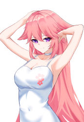 Rule 34 | 1girl, absurdres, alternate costume, animal ears, armpits, arms up, bare arms, bare shoulders, breasts, camisole, cleavage, commentary, czk, floral print, fox ears, genshin impact, hair between eyes, highres, large breasts, long hair, looking at viewer, pink hair, purple eyes, revision, simple background, smile, solo, spaghetti strap, upper body, very long hair, yae miko