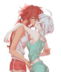 Rule 34 | 2girls, ahoge, arm around shoulder, bare arms, blush, camisole, commentary, dark-skinned female, dark skin, earrings, english commentary, flying sweatdrops, green camisole, green eyes, green shorts, grey eyes, gundam, gundam suisei no majo, hand on another&#039;s arm, highres, jewelry, long hair, looking at viewer, medium hair, miorine rembran, multiple girls, parted lips, ponytail, red hair, red shorts, selayiss, shorts, simple background, stud earrings, suletta mercury, tank top, thick eyebrows, white background, white hair, white tank top, yuri