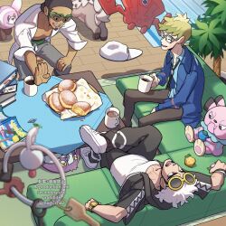 Rule 34 | 3boys, absurdres, blurry, coat, coffee, commentary request, couch, creatures (company), cup, dark-skinned male, dark skin, depth of field, facial hair, food, game freak, gen 2 pokemon, gen 4 pokemon, gen 6 pokemon, gen 7 pokemon, goatee, grey pants, guzma (pokemon), highres, holding, holding cup, jewelry, klefki, kukui (pokemon), magazine (object), male focus, molayne (pokemon), mug, mugiccha2, multiple boys, nintendo, open clothes, open coat, pants, plant, pokemon, pokemon (anime), pokemon sm (anime), potted plant, ring, rockruff, rotom, rotom dex, sitting, snubbull, stufful, sunglasses, table, white coat, wimpod, wooden floor