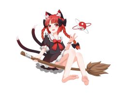 Rule 34 | 1girl, absurdres, animal ears, barefoot, blush, braid, broom, cat ears, cat tail, feet, highres, kaenbyou rin, long hair, looking at viewer, multiple tails, open mouth, panties, pantyshot, red eyes, red hair, soles, tail, toes, touhou, twin braids, two tails, underwear