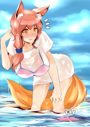 Rule 34 | 10s, 1girl, animal ears, bikini, unworn bikini bottom, bikini top only, blush, breasts, cloud, cloudy sky, day, fate/extra, fate/grand order, fate (series), floating clothes, fox ears, fox tail, hair over shoulder, hand on own knee, highres, large breasts, leaning forward, long hair, meow7tail, open mouth, pink hair, ponytail, see-through, shirt, short sleeves, sky, solo, sweet, swimsuit, tail, tamamo (fate), tamamo no mae (fate/extra), tamamo no mae (swimsuit lancer) (fate), water, white shirt, yellow eyes