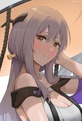 Rule 34 | 1girl, absurdres, arm guards, blush, breasts, cleavage, closed mouth, debris, furo atsushi, goddess of victory: nikke, grey hair, hair between eyes, hair ornament, hair stick, hand on own ear, hat, highres, jingasa, leotard, long hair, looking at viewer, medium breasts, scarlet (nikke), sidelocks, sleeveless, smile, solo, tucking hair, upper body, white hat, white leotard, wrist guards, yellow eyes