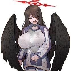 black_choker black_hair black_wings blue_archive blue_jacket blue_shorts bouncing_breasts breasts choker closed_eyes collarbone exhausted eyes_visible_through_hair feathered_wings gym_shirt gym_shorts gym_uniform hair_over_one_eye halo hasumi_(blue_archive) hasumi_(track)_(blue_archive) heavy_breathing highres hot huge_breasts jacket large_wings long_hair long_sleeves mole mole_under_eye nikrop official_alternate_costume open_clothes open_jacket open_mouth partially_unzipped red_halo round_teeth running shirt shorts simple_background sweat teeth track_jacket trinity_general_school_logo v-shaped_eyebrows wet wet_hair white_background wings