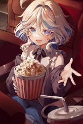 Rule 34 | 1girl, absurdres, ahoge, alternate costume, blue brooch, blue eyes, blue hair, chair, cup, cup holder, dasha, disposable cup, drop-shaped pupils, fang, food, furina (genshin impact), genshin impact, heterochromia, highres, jacket, light blue hair, looking at viewer, mismatched pupils, movie theater, multicolored hair, off shoulder, open clothes, open jacket, popcorn, short hair, sitting, skin fang, smile, solo, symbol-shaped pupils, white hair