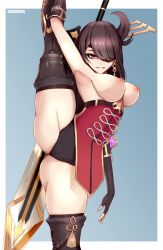 Rule 34 | 1girl, armpits, artist name, ass, beidou (genshin impact), black footwear, black gloves, black hair, black shorts, black thighhighs, blue background, border, breasts, breasts out, claymore (sword), eyepatch, fingerless gloves, genshin impact, gloves, gluteal fold, greatsword, hair ornament, hairpin, highres, huge weapon, large breasts, leg lift, looking at viewer, nipples, red eyes, short shorts, shorts, smile, split, standing, standing on one leg, standing split, sword, theako, theatko, thick thighs, thighhighs, thighs, underbust, weapon, weapon on back, white border