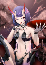 Rule 34 | 1girl, breasts, cherry blossoms, commentary request, cup, fangs, fate/grand order, fate (series), licking finger, fingernails, highres, horns, inyuppo, licking, medium hair, nail polish, navel, purple eyes, purple hair, revealing clothes, sakazuki, sharp fingernails, shuten douji (fate), sitting, skin-covered horns, slit pupils, small breasts, solo, tongue, tongue out