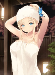 Rule 34 | 1girl, adjusting hair, armpits, arms behind head, backlighting, bare arms, bare shoulders, blonde hair, blue eyes, blurry, blush, boku wa tomodachi ga sukunai, breasts, butterfly hair ornament, cait aron, cleavage, closed mouth, depth of field, fence, hair ornament, highres, kashiwazaki sena, lantern, large breasts, looking at viewer, naked towel, outdoors, short hair with long locks, sidelocks, solo, tareme, towel, towel on head, tree, upper body, wooden fence