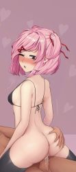 Rule 34 | 1girl, :o, ass, ass grab, bikini, bikini top only, black bra, black thighhighs, blush, bra, breasts, cowgirl position, cropped, cum, cum in pussy, dark-skinned male, dark skin, doki doki literature club, girl on top, hair ornament, lingerie, looking back, natsuki (doki doki literature club), nekofondue, one eye closed, penis, petite, pink background, pink eyes, pink hair, ribbon, riding, sex, short hair, small breasts, source request, straddling, swimsuit, thighhighs, uncensored, underwear, wince, wink