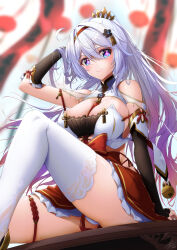 Rule 34 | 1girl, ahoge, arm up, bare shoulders, between breasts, blue eyes, blurry, blurry background, breasts, brown sleeves, china dress, chinese clothes, cleavage, cleavage cutout, closed mouth, clothing cutout, dress, hair ornament, headband, highres, honkai (series), honkai impact 3rd, kiana kaslana, large breasts, ponytail, red dress, smile, solo, thighhighs, thighs, white hair, white thighhighs, xfate, zettai ryouiki