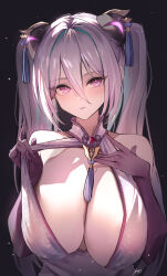 1girl azur_lane bare_shoulders blush breasts closed_mouth elbow_gloves gloves hair_between_eyes hair_ornament hands_up highres kearsarge_(azur_lane) kearsarge_(springtime_monitoring)_(azur_lane) large_breasts long_hair official_alternate_costume purple_eyes purple_gloves purple_hair sea_nami simple_background twintails upper_body