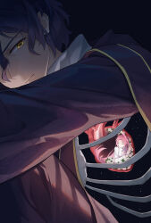 2boys :| blue_hair bone closed_eyes closed_mouth commentary_request flower hatsutori_hajime heart_(organ) highres horizontal_pupils long_hair long_sleeves male_focus mini_person miniboy motong multiple_boys parted_bangs pink_hair rose saibou_shinkyoku shirt short_hair smile utsugi_noriyuki white_flower white_rose white_shirt yellow_eyes