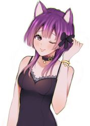 Rule 34 | 1girl, ;), animal ears, bambi (cozybambii), bare arms, bare shoulders, bernadetta von varley, black bow, black choker, blush, bow, bracelet, breasts, cat ears, cat girl, choker, chromatic aberration, commentary, fire emblem, fire emblem: three houses, hair bow, hand up, highres, jewelry, long hair, looking at viewer, medium breasts, nintendo, one eye closed, purple eyes, purple hair, simple background, smile, solo, spaghetti strap, upper body, white background