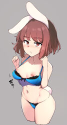 Rule 34 | 1girl, animal ears, blue bra, blush, bra, breasts, brown hair, commentary request, cowboy shot, floppy ears, grey background, inaba tewi, ippongui, lace, lace bra, looking at viewer, navel, nipples, o3o, panties, rabbit ears, rabbit girl, rabbit tail, red eyes, short hair, simple background, small breasts, solo, tail, touhou, underwear, underwear only