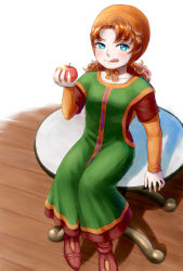 Rule 34 | 1girl, blue eyes, blush, breasts, commentary request, curly hair, dragon quest, dragon quest vii, dress, hat, highres, hood, long hair, looking at viewer, maribel (dq7), red hair, smile, solo