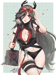 Rule 34 | 1girl, animal ears, arknights, breasts, cleavage, grey hair, hair over one eye, horns, large breasts, qiubai (arknights), red eyes, solo, sunglasses, swimsuit, thigh strap