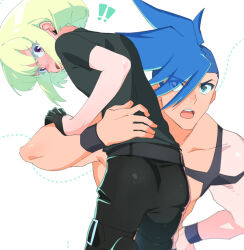 Rule 34 | !, !!, 2boys, androgynous, armband, ass, black gloves, blue eyes, blue hair, blush, buzz cut, carrying over shoulder, commentary request, galo thymos, gloves, green hair, lio fotia, looking at another, male focus, multiple boys, ns1123, open mouth, promare, purple eyes, short hair, sidelocks, simple background, surprised, trap, upper body, very short hair, white background