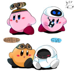 Rule 34 | blush stickers, character name, colored skin, coolin, eve (wall-e), fusion, happy, kirby, kirby (series), nintendo, no humans, pink skin, sitting, smile, wall-e, wall-e (character), white background