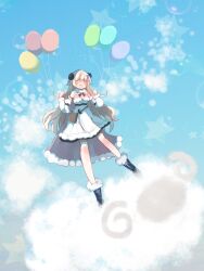 Rule 34 | 1girl, :d, ^ ^, above clouds, animal ears, balloon, bare shoulders, belt pouch, black footwear, black skirt, blonde hair, blush, boots, bow, bowtie, cape, closed eyes, cloud, detached sleeves, dress, empire waist, flying, full body, fur-trimmed boots, fur-trimmed cape, fur-trimmed dress, fur-trimmed sleeves, fur trim, hair ornament, hairclip, highres, holding, holding balloon, hololive, horns, long hair, miniskirt, open mouth, pink cape, pouch, red bow, red bowtie, seblueka, sheep ears, sheep girl, sheep horns, short dress, skirt, skirt under dress, sleeveless, sleeveless dress, smile, solo, tsunomaki watame, tsunomaki watame (1st costume), underbust, very long hair, virtual youtuber, watamate, white dress