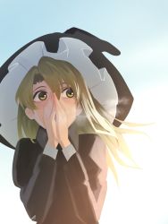 Rule 34 | 1girl, alternate costume, amino (tn7135), bad id, bad pixiv id, black coat, blonde hair, blue sky, breath, coat, cold, day, hat, kirisame marisa, long hair, long sleeves, looking to the side, own hands together, signature, sky, solo, sunlight, touhou, upper body, wind, witch hat, yellow eyes