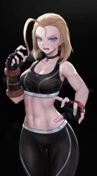 Rule 34 | 1girl, antenna hair, arc2urus, bare shoulders, black background, black choker, black gloves, black pants, black sports bra, blue eyes, breasts, cammy white, choker, cleavage, collarbone, commentary, facial scar, fingerless gloves, gloves, looking at viewer, midriff, navel, open mouth, pants, scar, scar on cheek, scar on face, short hair, simple background, solo, sports bra, street fighter, street fighter 6, yoga pants
