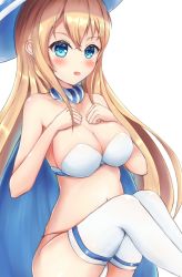 Rule 34 | 1girl, bikini, blonde hair, blue eyes, breasts, cape, cleavage, earrings, fang, hat, highres, jewelry, large breasts, long hair, looking at viewer, navel, original, ryakusun, simple background, smile, solo, swimsuit, thighhighs, thighs, very long hair, white background, white bikini, white thighhighs, witch hat