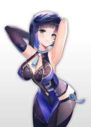 Rule 34 | 1girl, absurdres, armpits, arms behind head, arms up, black gloves, blue hair, blunt bangs, blush, bob cut, breasts, cleavage, cleavage cutout, clothing cutout, cowboy shot, curvy, dice, elbow gloves, genshin impact, gloves, gradient background, green eyes, grey background, highres, large breasts, leaning forward, looking at viewer, mole, mole on breast, parted lips, shaobao (sdhx3728), short hair, single glove, sleeveless, solo, standing, thighs, yelan (genshin impact)