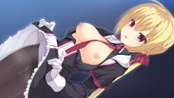 Rule 34 | 1girl, ahoge, aria (koiiroharemoyou), arihara nanami, aroused, between breasts, black capelet, black jacket, black pantyhose, black skirt, blonde hair, blue background, breasts, breasts out, capelet, cleavage, clothes lift, commentary request, double-parted bangs, dutch angle, eyelashes, eyes visible through hair, frilled skirt, frills, gloves, groin, hair between eyes, highres, hood, hood down, hooded jacket, jacket, lifting own clothes, light blush, long hair, long sleeves, looking down, low twintails, medium breasts, necktie, necktie between breasts, nipples, no bra, open mouth, pantyhose, presenting, presenting pussy, pussy juice, pussy juice stain, red eyes, red necktie, riddle joker, shiny skin, simple background, skirt, skirt lift, solo, straight hair, sweat, sweatdrop, twintails, very long hair, white gloves