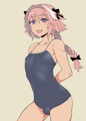Rule 34 | 1boy, arms behind back, astolfo (fate), beige background, bow, braid, covered erect nipples, covered navel, covered penis, fang, fate (series), hair between eyes, hair bow, highres, long hair, male focus, mo (kireinamo), one-piece swimsuit, open mouth, pink hair, purple eyes, school swimsuit, shadow, skin fang, smile, solo, swimsuit, trap